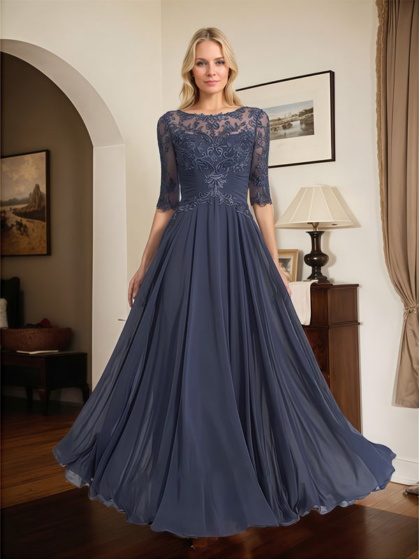 Boat Neck A-Line Illusion Half Sleeve Floor-Length Chiffon/Lace Mother of the Bride Dress With Pleated/Appliques BabaMila