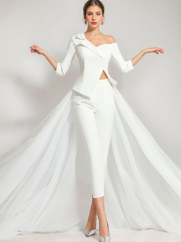 3/4 Sleeves One-Shoulder White Tulle Elegant Wedding Pant Suit Styles BabaMila