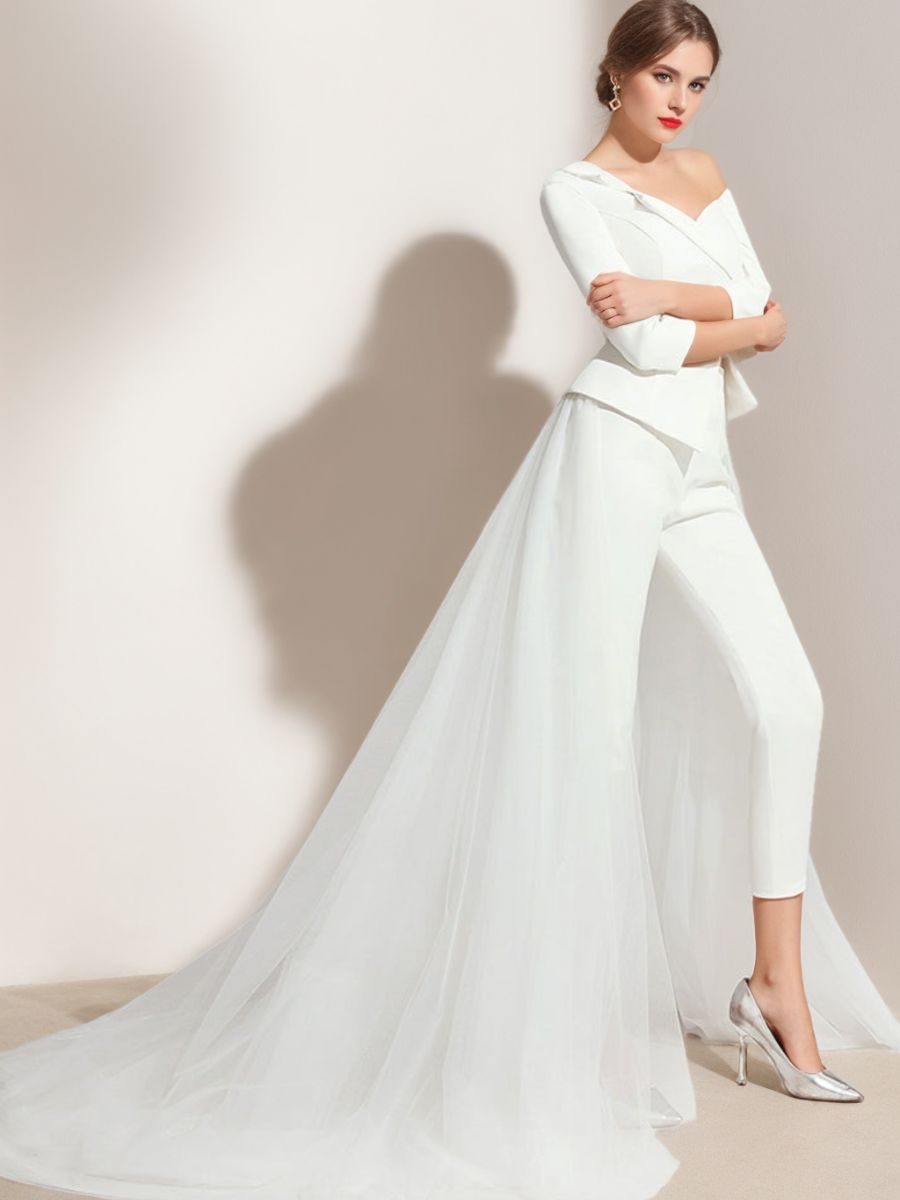 3/4 Sleeves One-Shoulder White Tulle Elegant Wedding Pant Suit Styles BabaMila