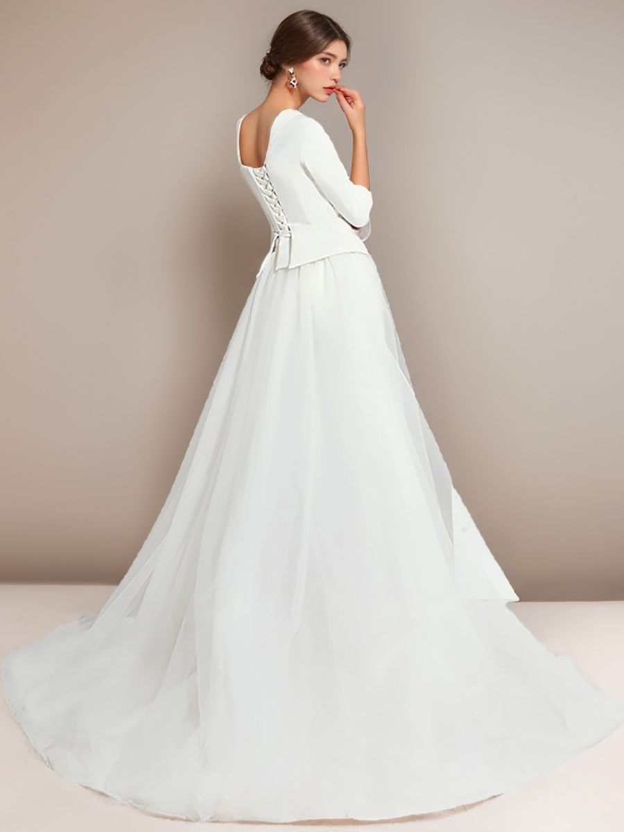 3/4 Sleeves One-Shoulder White Tulle Elegant Wedding Pant Suit Styles BabaMila