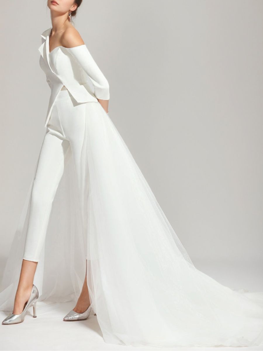 3/4 Sleeves One-Shoulder White Tulle Elegant Wedding Pant Suit Styles BabaMila