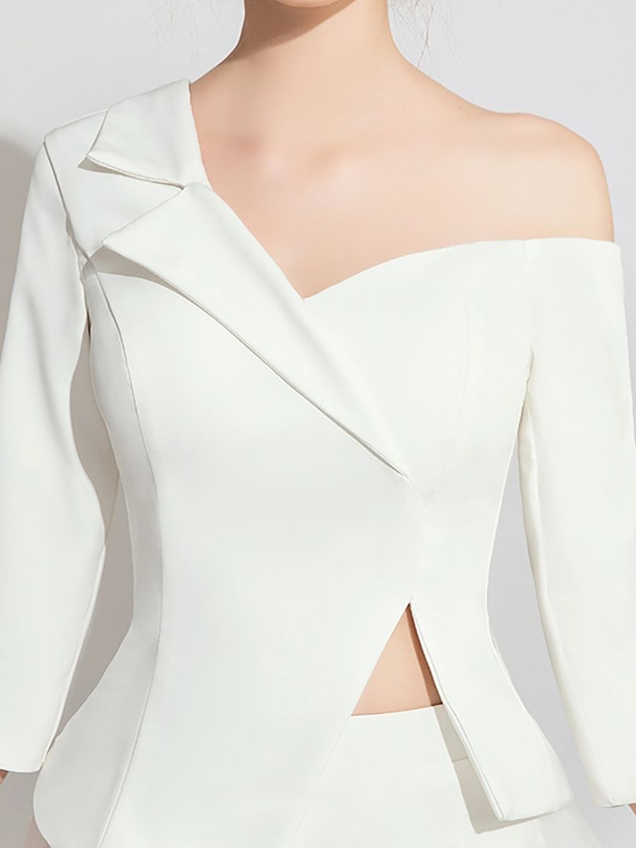 3/4 Sleeves One-Shoulder White Tulle Elegant Wedding Pant Suit Styles BabaMila