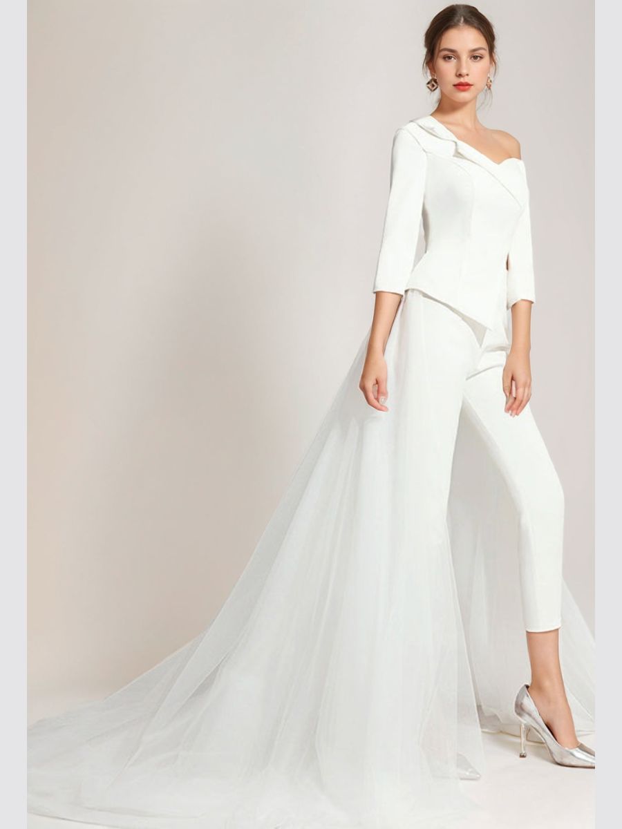 3/4 Sleeves One-Shoulder White Tulle Elegant Wedding Pant Suit Styles BabaMila