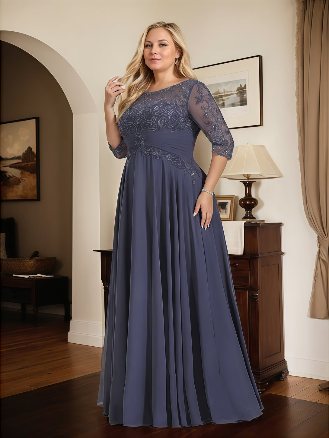 Boat Neck A-Line Illusion Half Sleeve Floor-Length Chiffon/Lace Mother of the Bride Dress With Pleated/Appliques BabaMila