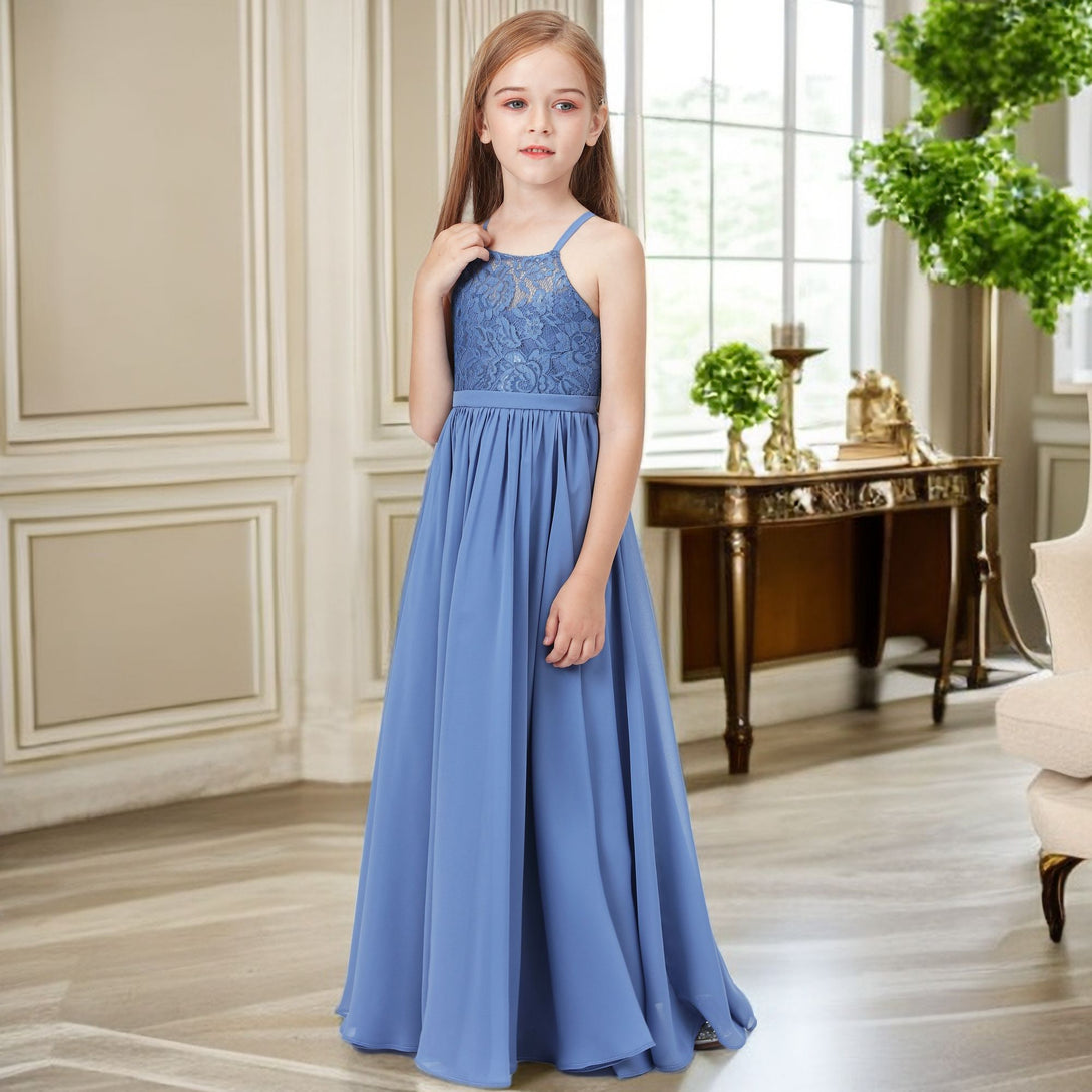 Simple A-Line Square Neck Spaghetti Straps Floor-Length Lace/Chiffon Junior Bridesmaid Dress/Girls Birthday Dresses With Belt Girls Gidiondress