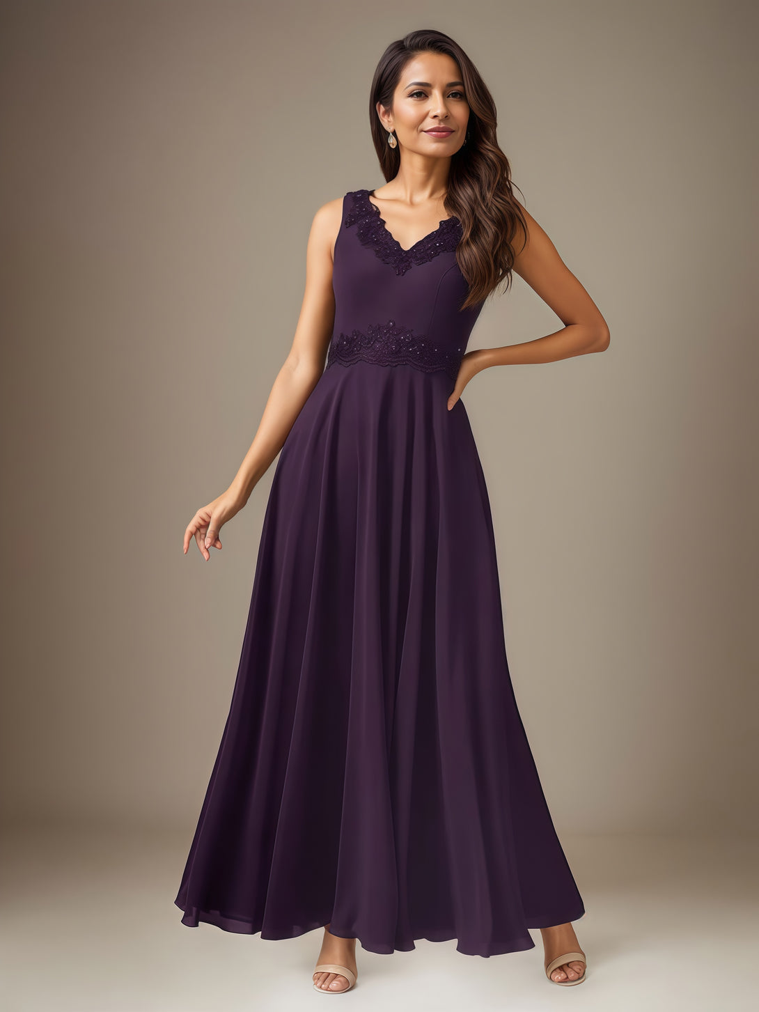A-Line V-Neck 3/4 Sleeve Ankel-Length Lace/Chiffon Mother of the Bride Dress With Jacket/Appliques BabaMila