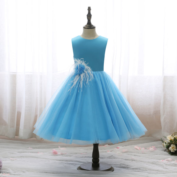 Boat Neck Sleeveless Knee-Length Satin/Tulle Holiday＆Christmas Dresses With feather/3D Flower Girls Gidiondress