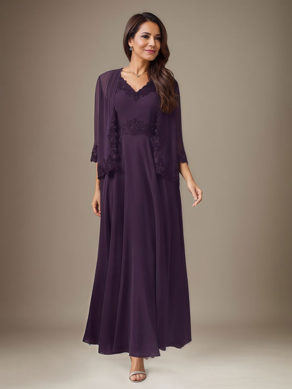 A-Line V-Neck 3/4 Sleeve Ankel-Length Lace/Chiffon Mother of the Bride Dress With Jacket/Appliques BabaMila