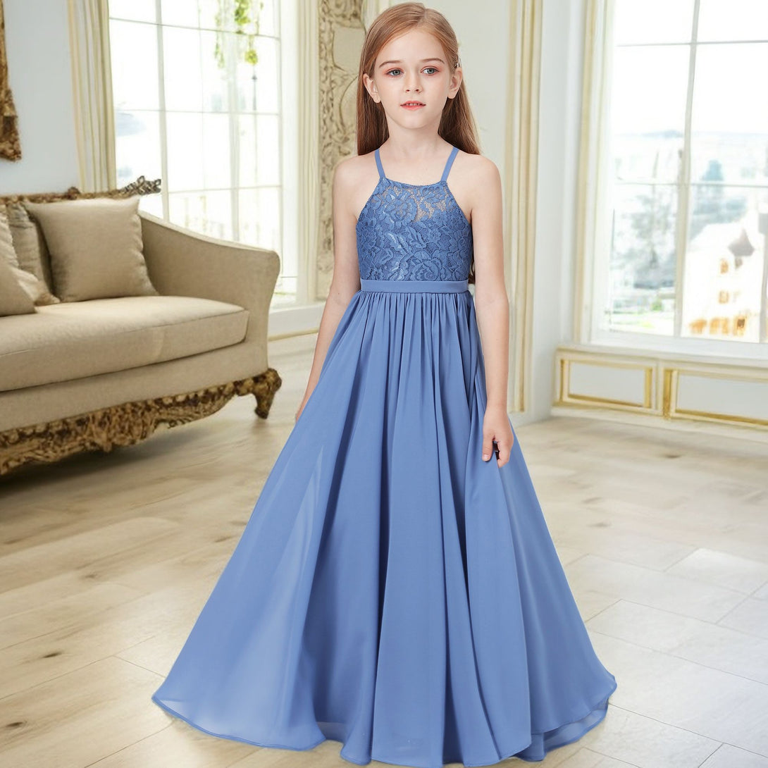 Simple A-Line Square Neck Spaghetti Straps Floor-Length Lace/Chiffon Junior Bridesmaid Dress/Girls Birthday Dresses With Belt Girls Gidiondress
