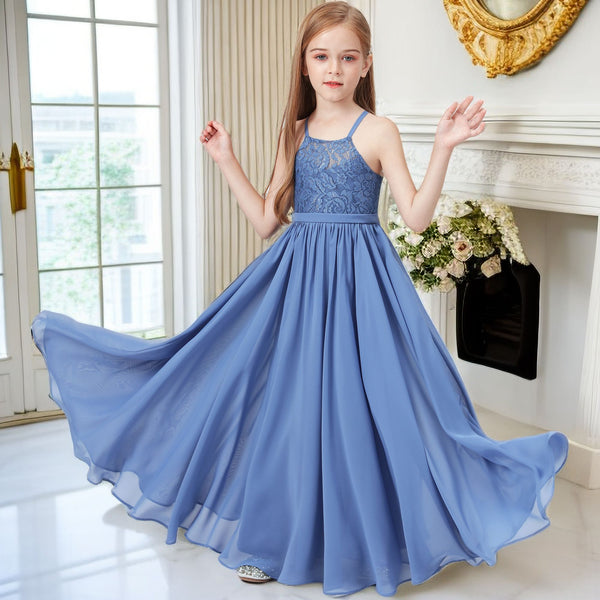 Simple A-Line Square Neck Spaghetti Straps Floor-Length Lace/Chiffon Junior Bridesmaid Dress/Girls Birthday Dresses With Belt Girls Gidiondress
