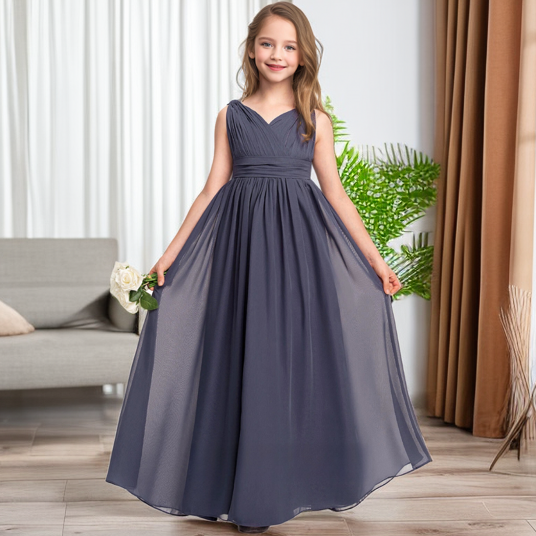 A-Line Sleeveless V-Neck Simple Floor-Length Chiffon Junior Bridesmaid Dress/Girls Birthday Dresses With Pleated/Belt Girls Gidiondress