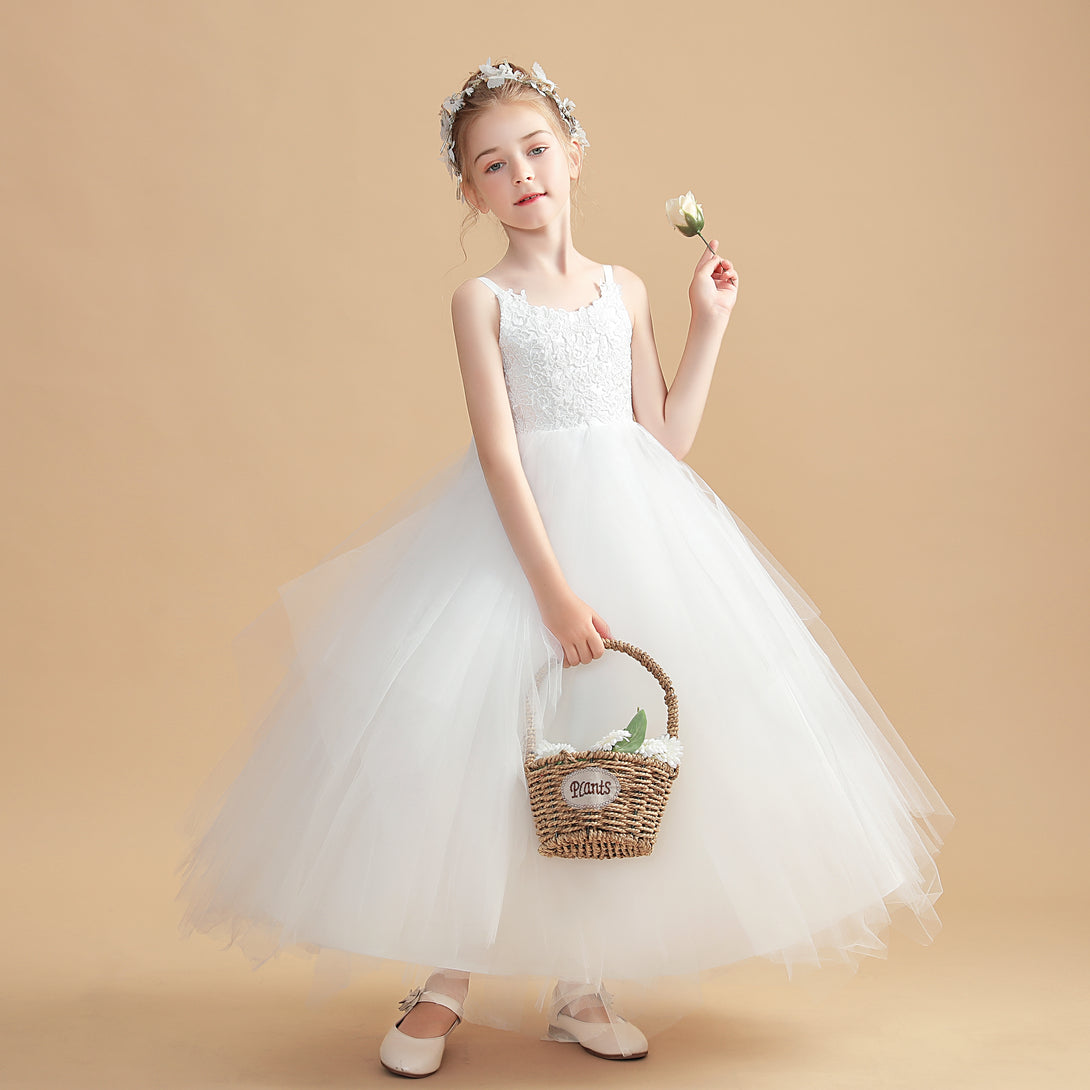 Ball Gown Spaghetti Straps Scoop Neck Floor-Length Tulle/Satin Flower Girl Dresses/First Communion Dress With Appliques/Bow Girls Gidiondress