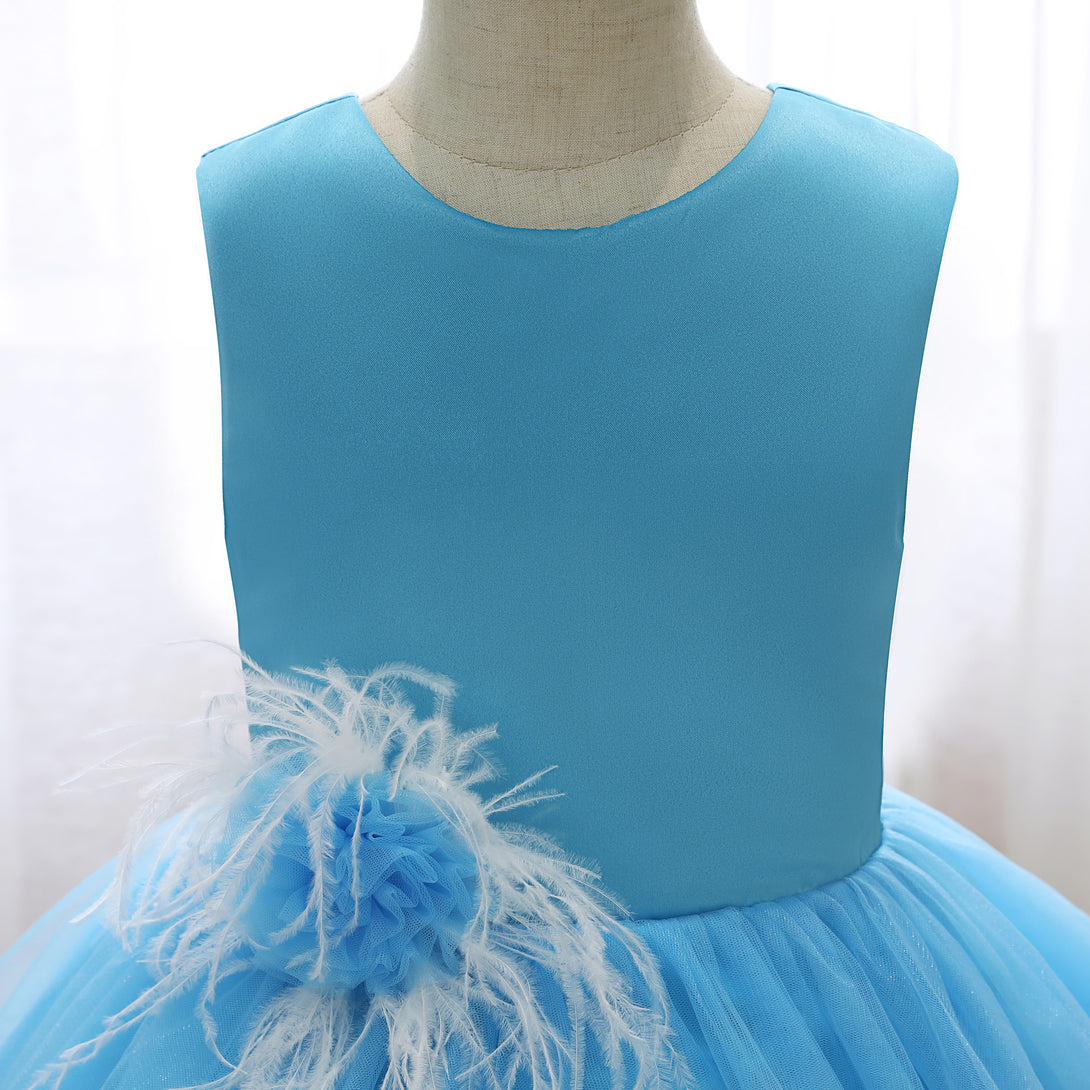 Boat Neck Sleeveless Knee-Length Satin/Tulle Holiday＆Christmas Dresses With feather/3D Flower Girls Gidiondress