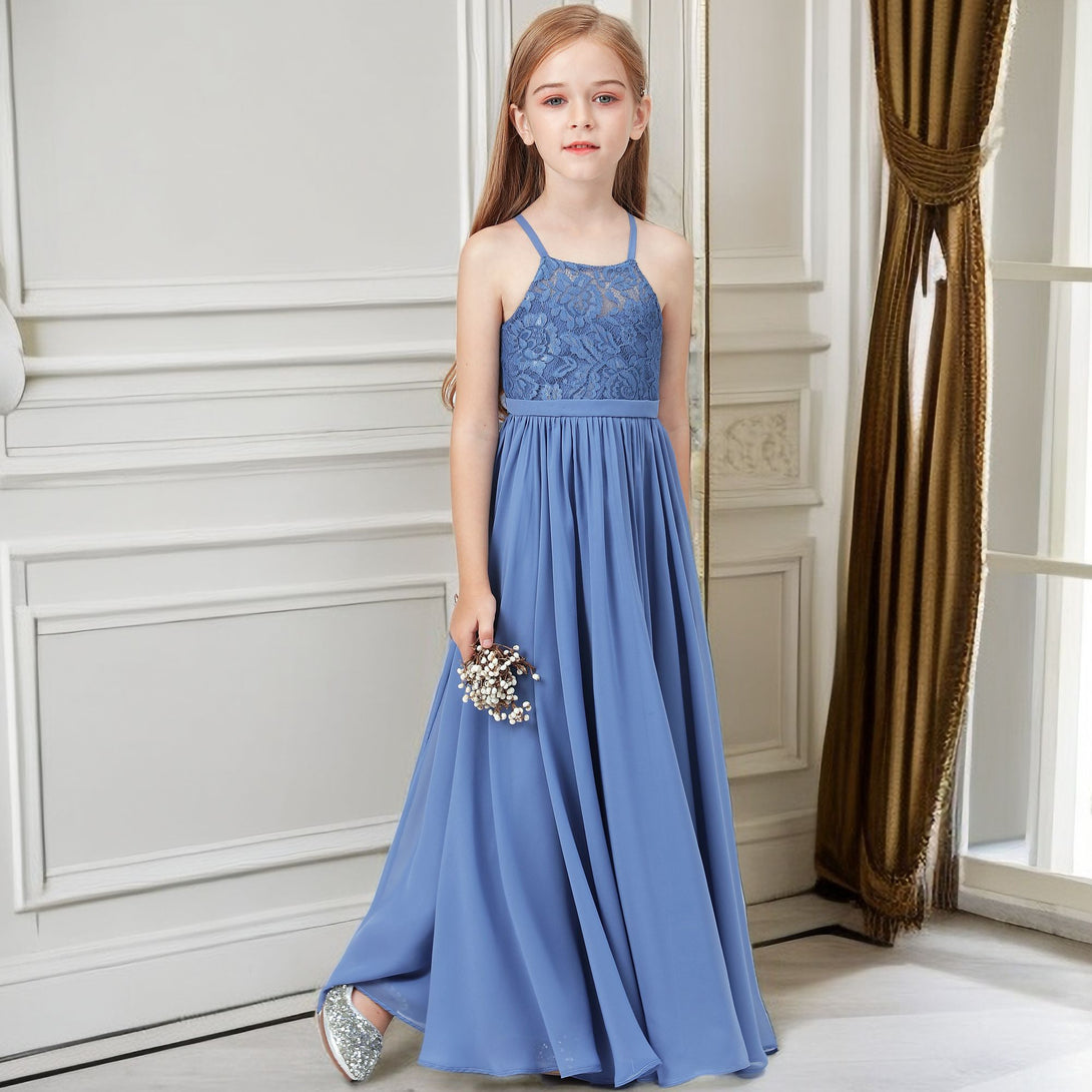 Simple A-Line Square Neck Spaghetti Straps Floor-Length Lace/Chiffon Junior Bridesmaid Dress/Girls Birthday Dresses With Belt Girls Gidiondress