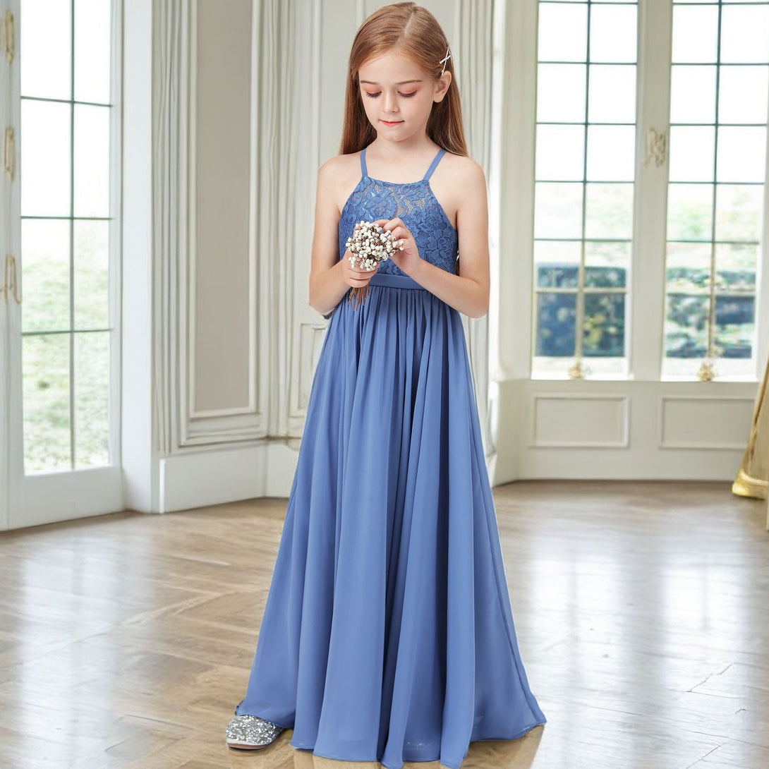 Simple A-Line Square Neck Spaghetti Straps Floor-Length Lace/Chiffon Junior Bridesmaid Dress/Girls Birthday Dresses With Belt Girls Gidiondress