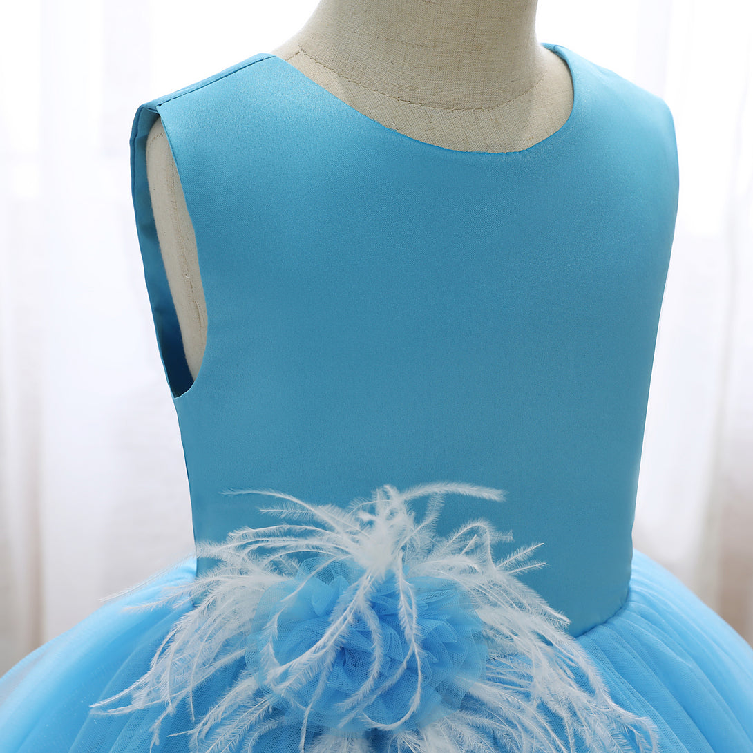 Boat Neck Sleeveless Knee-Length Satin/Tulle Holiday＆Christmas Dresses With feather/3D Flower Girls Gidiondress
