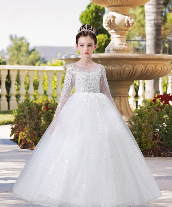 Exquisite Scoop Neck Long Sleeve Floor-Length Lace/Printed Tulle Flower Girl Dresses With Beads/Appliques Girls Gidiondress