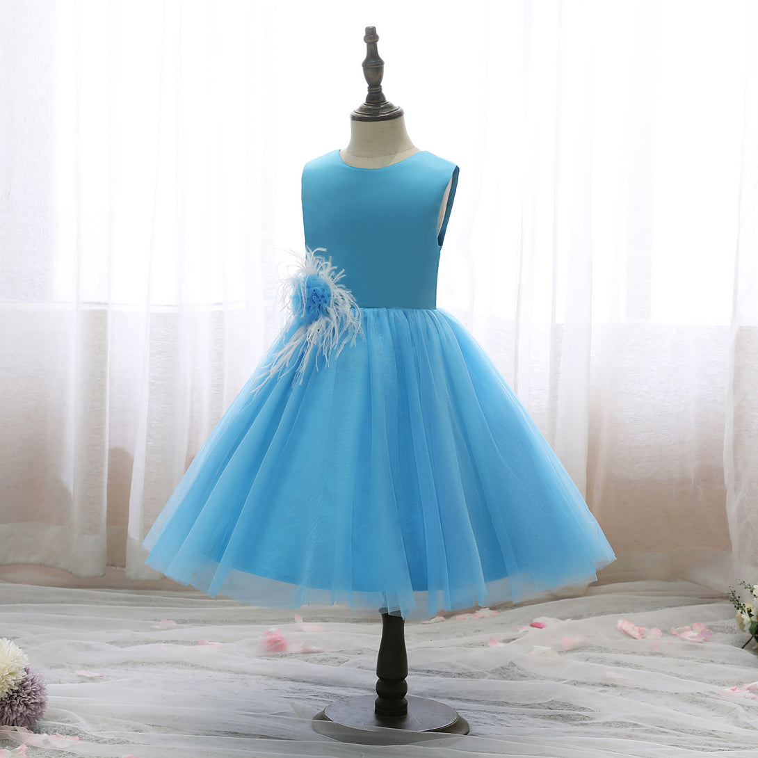 Boat Neck Sleeveless Knee-Length Satin/Tulle Holiday＆Christmas Dresses With feather/3D Flower Girls Gidiondress