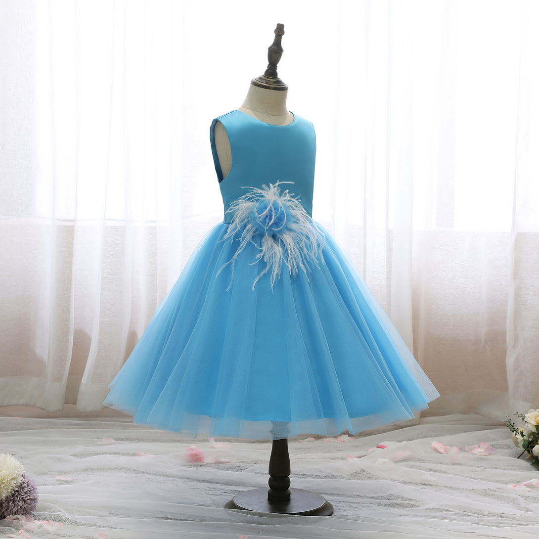 Boat Neck Sleeveless Knee-Length Satin/Tulle Holiday＆Christmas Dresses With feather/3D Flower Girls Gidiondress