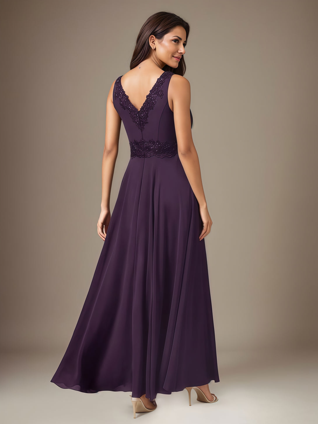 A-Line V-Neck 3/4 Sleeve Ankel-Length Lace/Chiffon Mother of the Bride Dress With Jacket/Appliques BabaMila