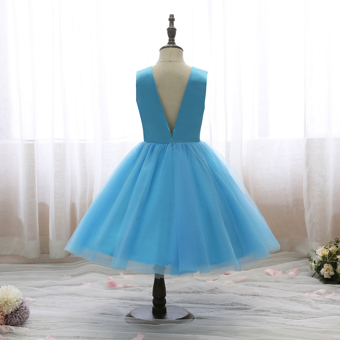 Boat Neck Sleeveless Knee-Length Satin/Tulle Holiday＆Christmas Dresses With feather/3D Flower Girls Gidiondress