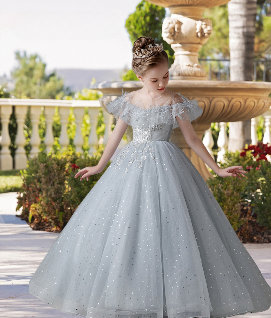 Exquisite Scoop Neck Cold Shoulder Floor-Length Lace/Printed Tulle Ball Gown/Princess With Ruffled Hem/Appliques Girls Gidiondress