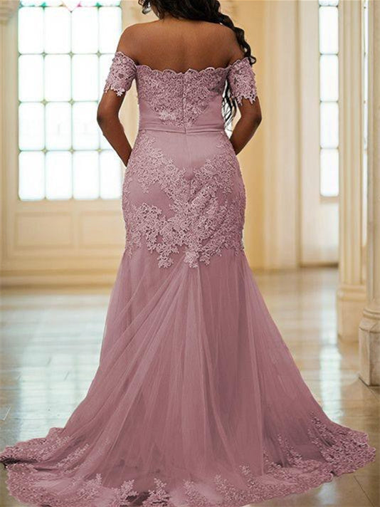Sheath/Column Off-the-Shoulder Floor-length Prom Dresses With Appliques BabaMila