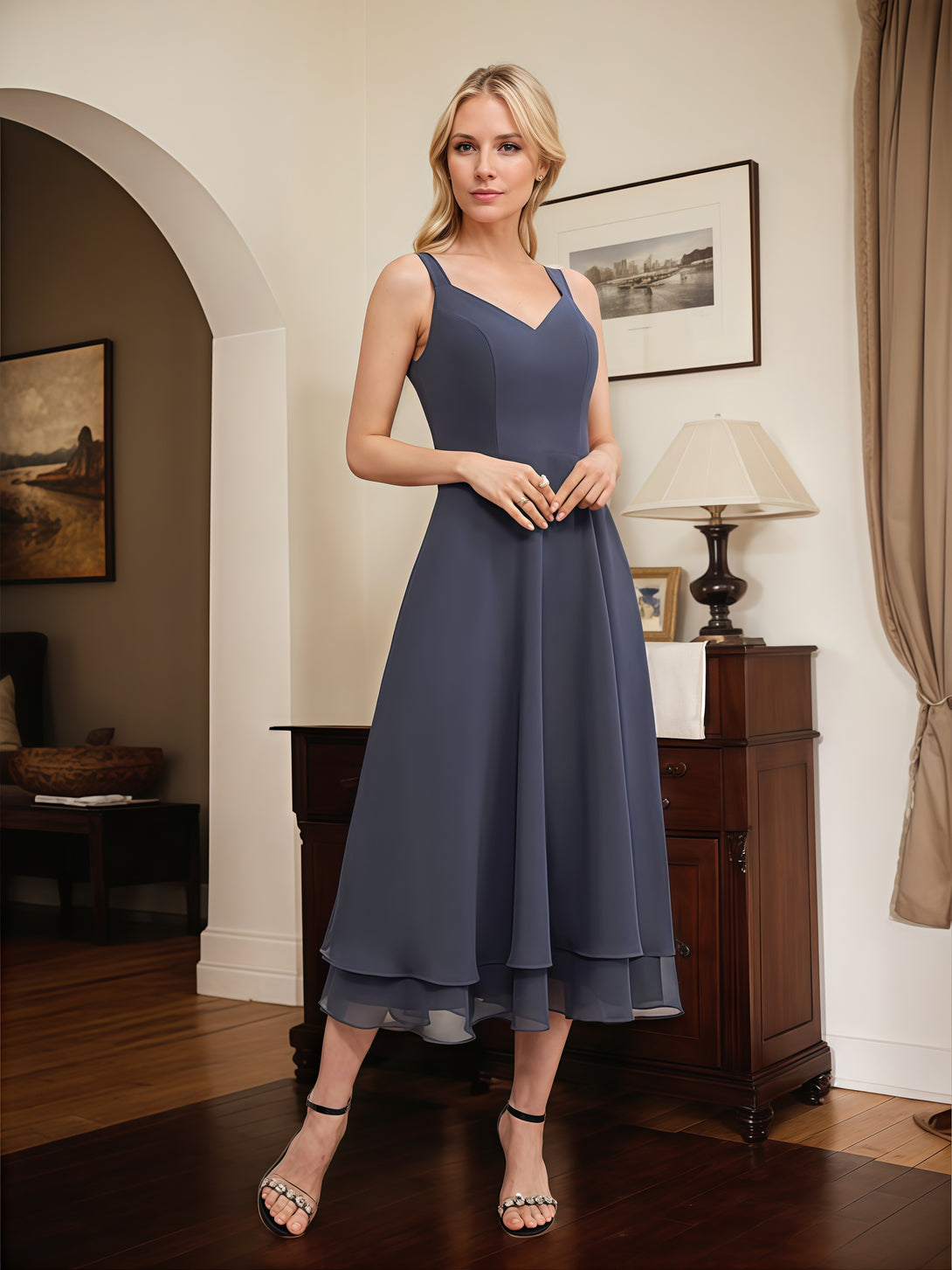 V-Neck A-Line Illusion 3/4 Sleeve Tea-Length Chiffon/Lace Mother of the Bride Dress With Lace Jacket/Beads BabaMila