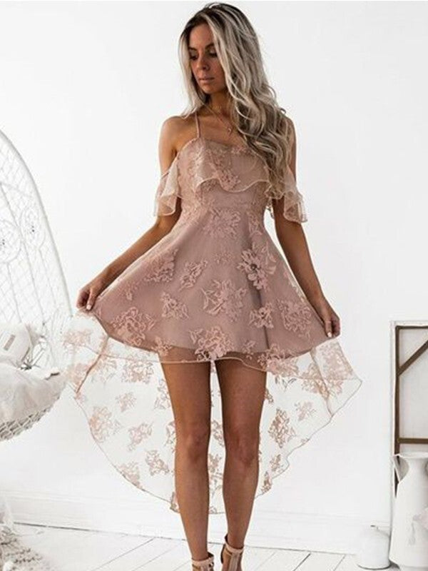 A-Line Off-the-Shoulder Sleeveless Lace Asymmetrical Homecoming Dresses With Ruffled Hem BabaMila