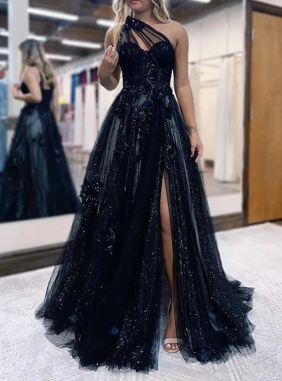 A-Line/Princess One-Shoulder Tulle Floor-length Prom Dresses With Appliques/Beads BabaMila