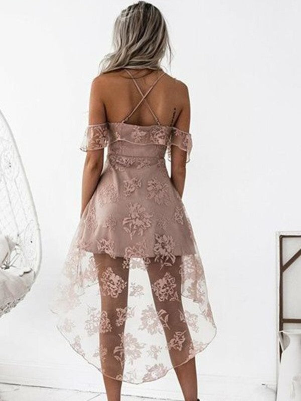 A-Line Off-the-Shoulder Sleeveless Lace Asymmetrical Homecoming Dresses With Ruffled Hem BabaMila