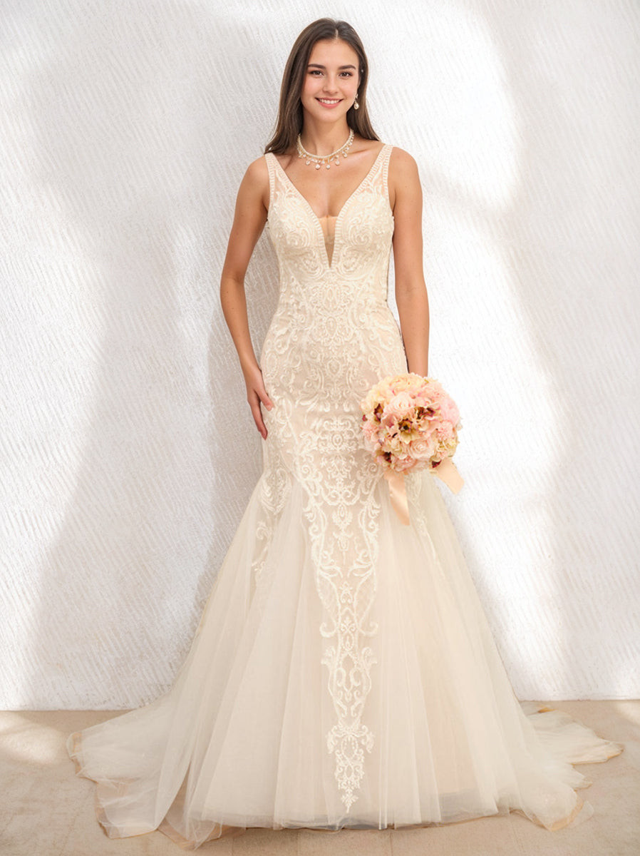Trumpet/Mermaid V-Neck Sleeveless Tulle Wedding Dresses with Appliques BabaMila
