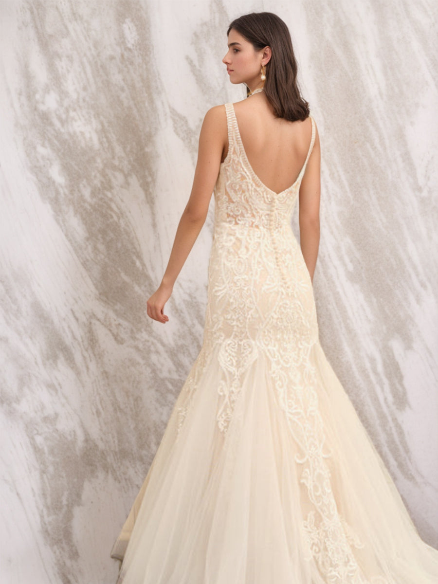 Trumpet/Mermaid V-Neck Sleeveless Tulle Wedding Dresses with Appliques BabaMila