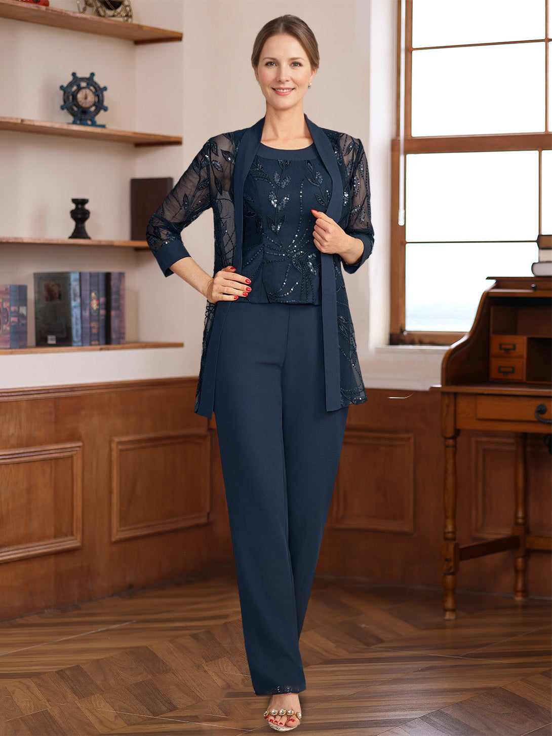 3 Pieces Scoop Sleeveless Floor-Length Mother Of The Bride Pantsuits With Appliques & Sequins & Jacket BabaMila