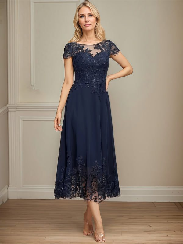 Scoop Neck A-Line Short Sleeve Tea-Length Chiffon/Lace Mother of the Bride Dress With Appliques/Beads BabaMila