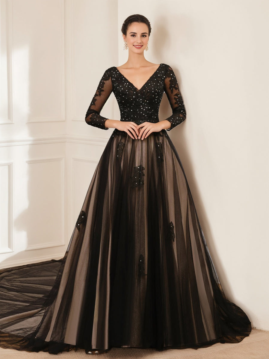 A-Line/Princess V-Neck Long Sleeves Tulle Wedding Dress with Appliques & Beading BabaMila