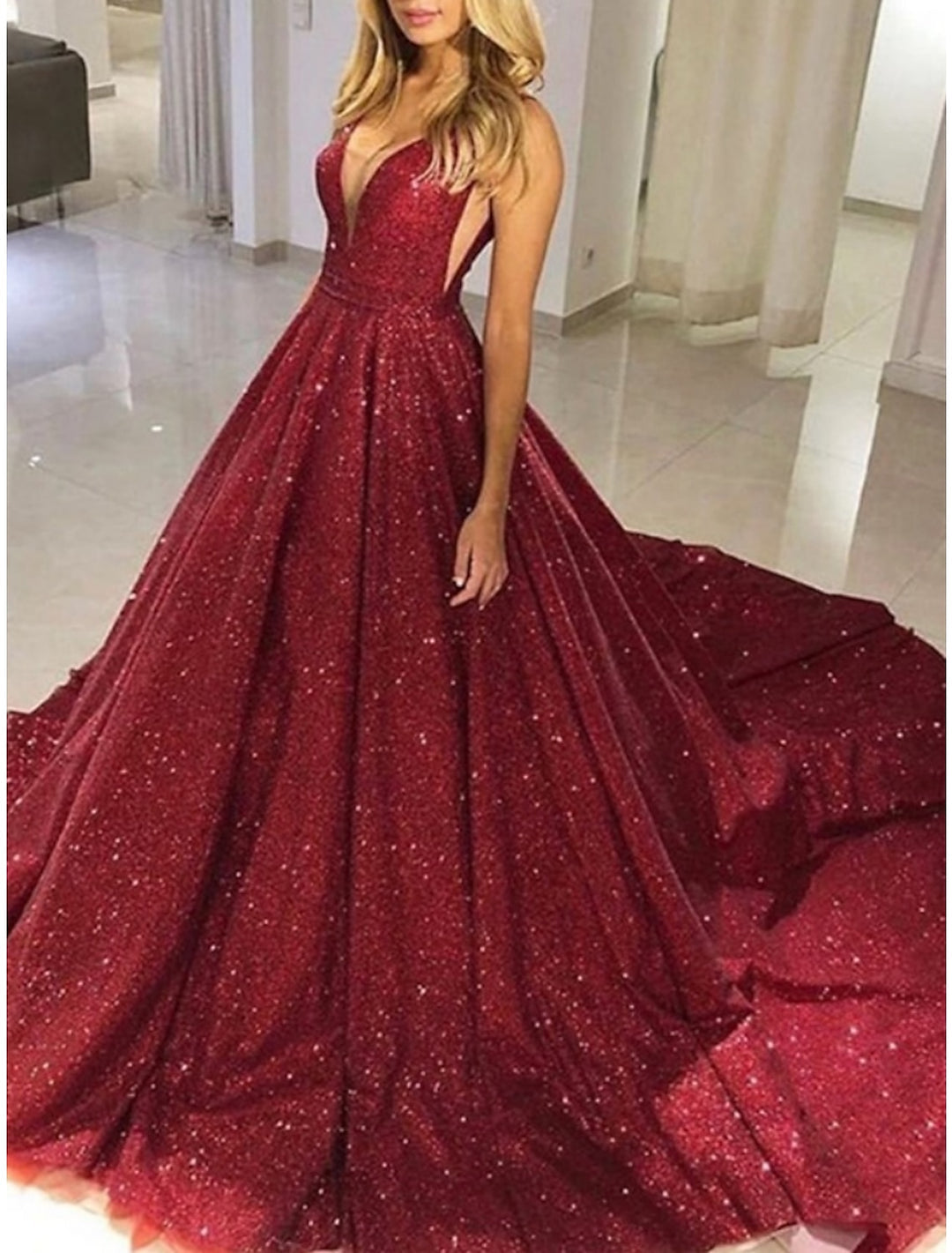 A-Line/Princess V-Neck Sleeveless Long Prom Dresses With Sequins BabaMila