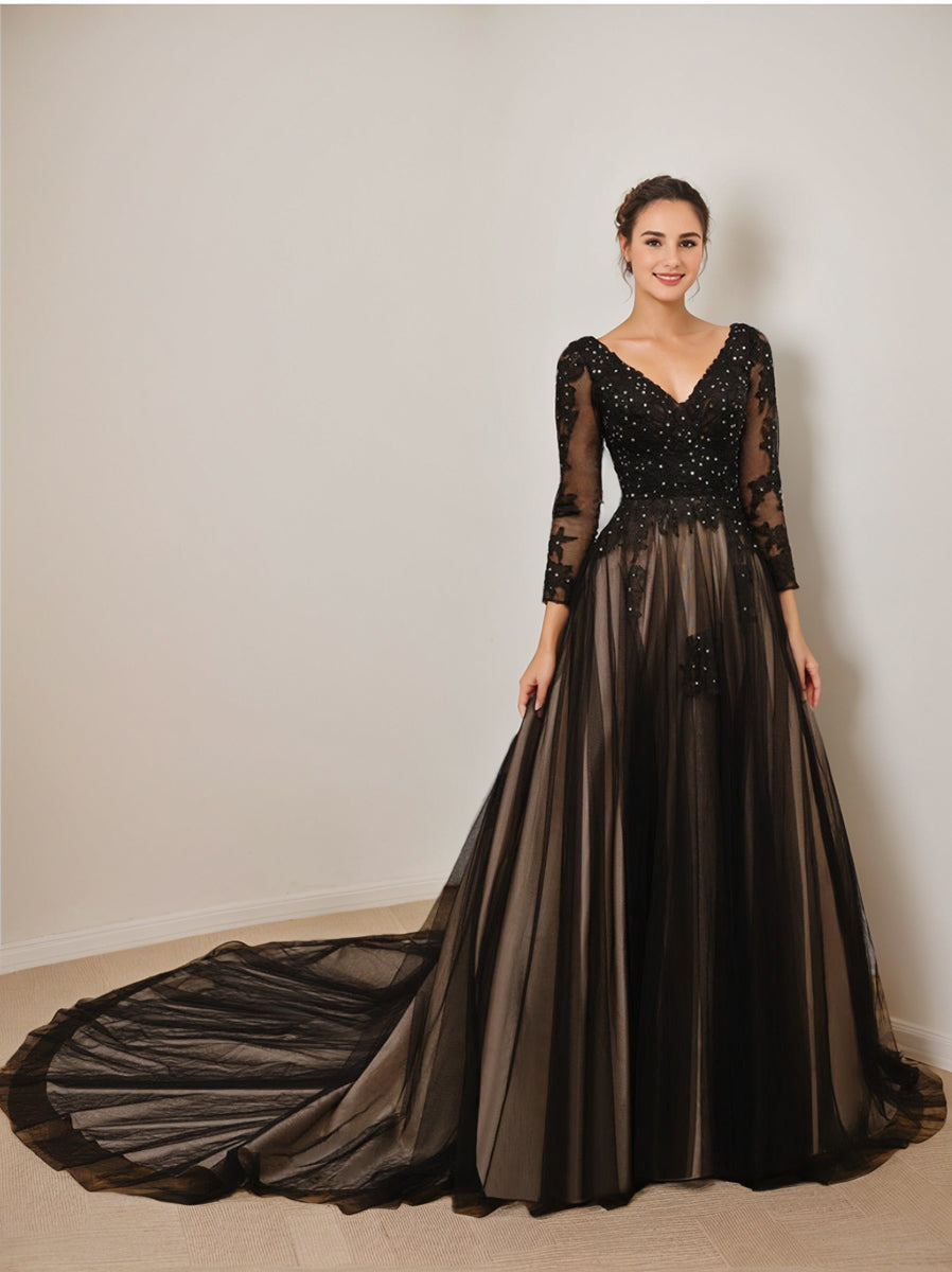 A-Line/Princess V-Neck Long Sleeves Tulle Wedding Dress with Appliques & Beading BabaMila