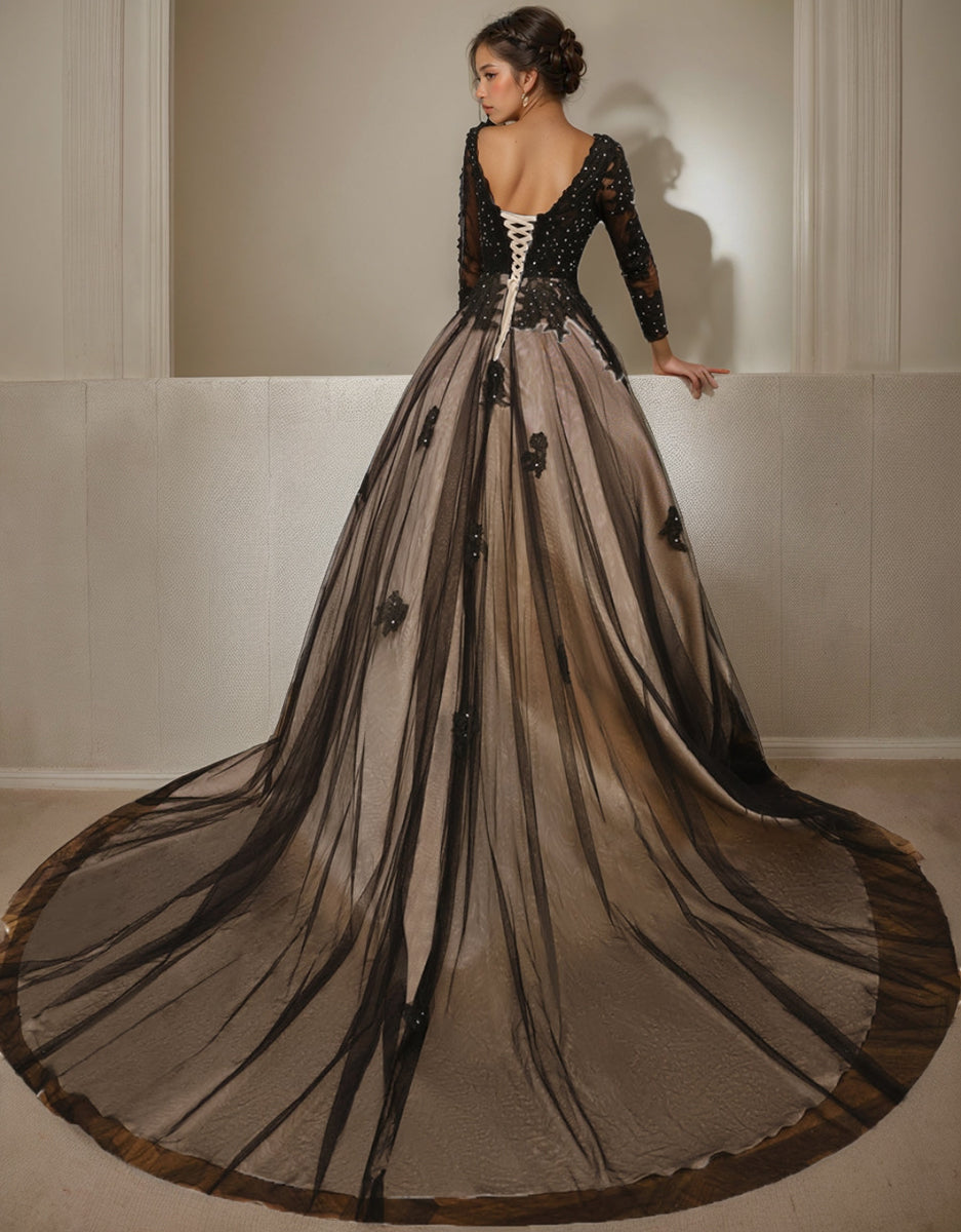 A-Line/Princess V-Neck Long Sleeves Tulle Wedding Dress with Appliques & Beading BabaMila