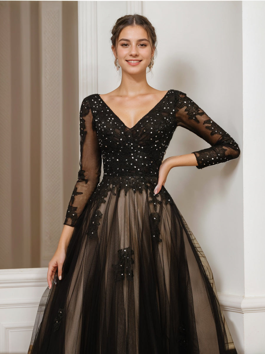 A-Line/Princess V-Neck Long Sleeves Tulle Wedding Dress with Appliques & Beading BabaMila