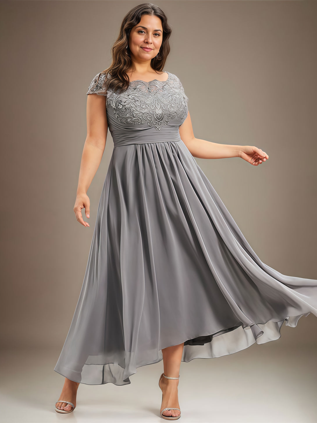 Scoop Neck A-Line Short Sleeve Illusion Asymmetrical Chiffon/Lace Mother of the Bride Dress With Appliques/Pleated/Belt BabaMila