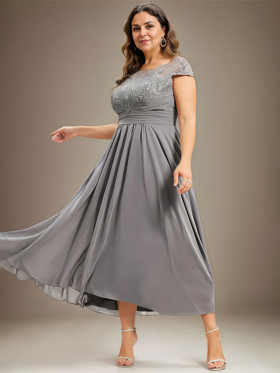 Scoop Neck A-Line Short Sleeve Illusion Asymmetrical Chiffon/Lace Mother of the Bride Dress With Appliques/Pleated/Belt BabaMila