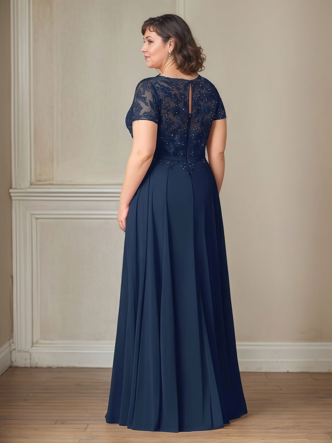 Scoop Neck A-Line Illusion Short Sleeve Floor-Length Chiffon/Lace Mother of the Bride Dress With Appliques/Beads BabaMila