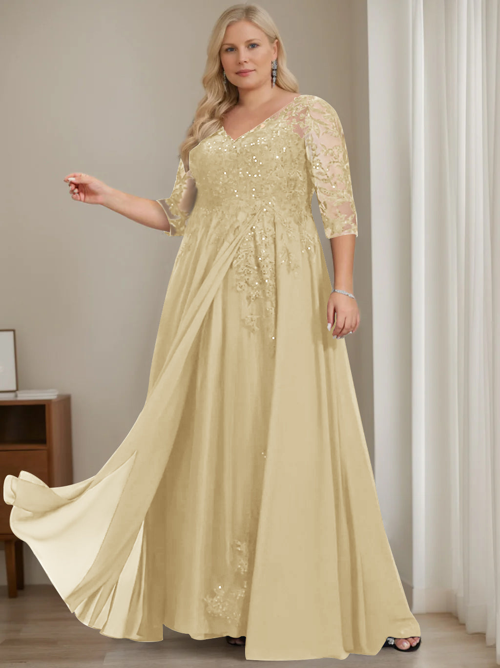 A-Line/Princess V-Neck Half Sleeves Floor-Length Plus Size Mother Of The Bride Dresses With Sequins BabaMila