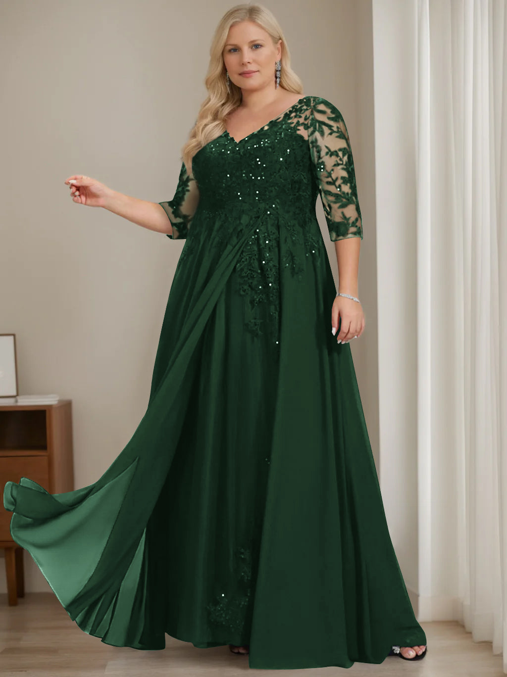 A-Line/Princess V-Neck Half Sleeves Floor-Length Plus Size Mother Of The Bride Dresses With Sequins BabaMila