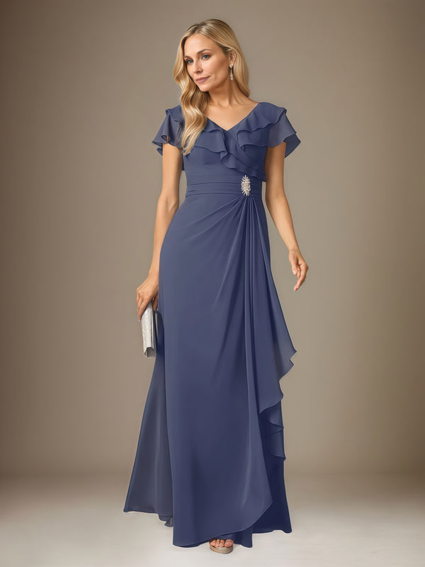 V-Neck A-Line Flutter Straps Floor-Length Chiffon Mother of the Bride Dress With Pleated/Beads/Cascading Ruffles BabaMila
