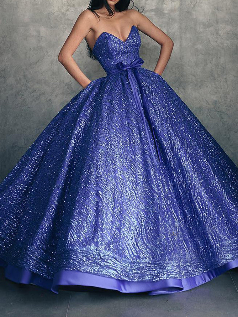 Ball Gown Strapless Satin/Sequined Tulle Floor-length Long Prom Dresses with Belt BabaMila