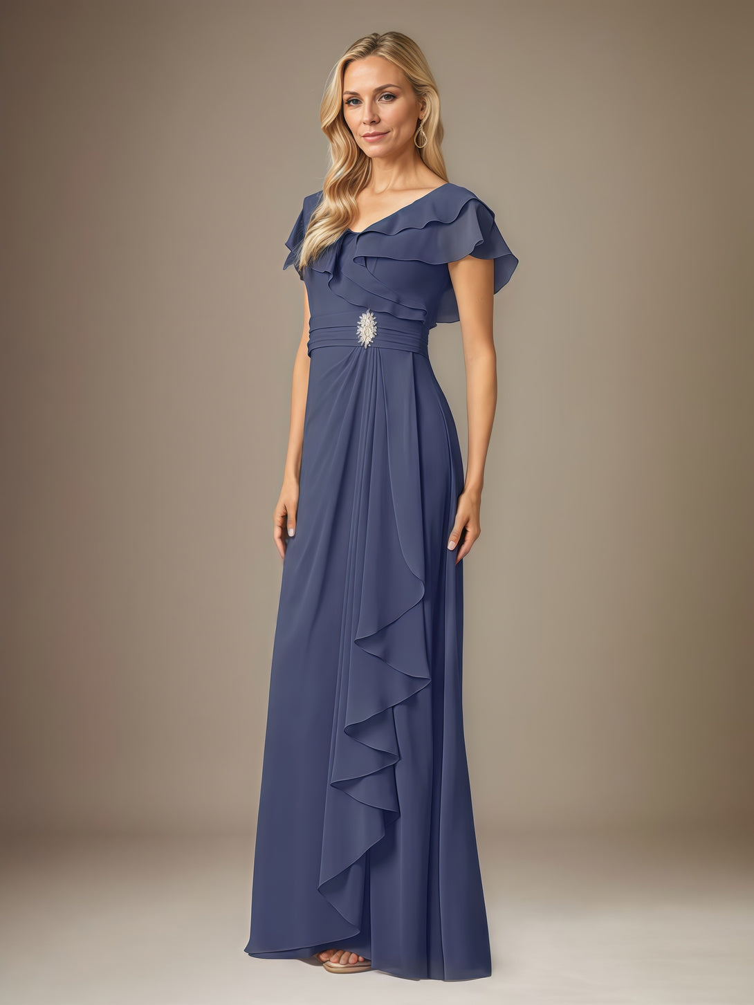 V-Neck A-Line Flutter Straps Floor-Length Chiffon Mother of the Bride Dress With Pleated/Beads/Cascading Ruffles BabaMila