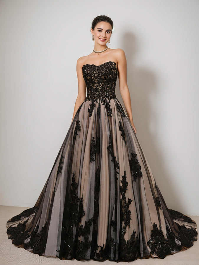 Ball Gown Strapless Sleeveless Black Wedding Dress with Beading & Appliques BabaMila