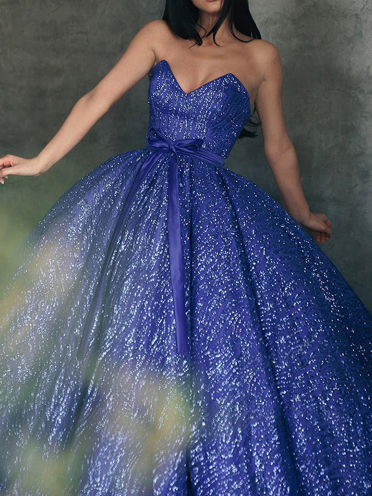 Ball Gown Strapless Satin/Sequined Tulle Floor-length Long Prom Dresses with Belt BabaMila